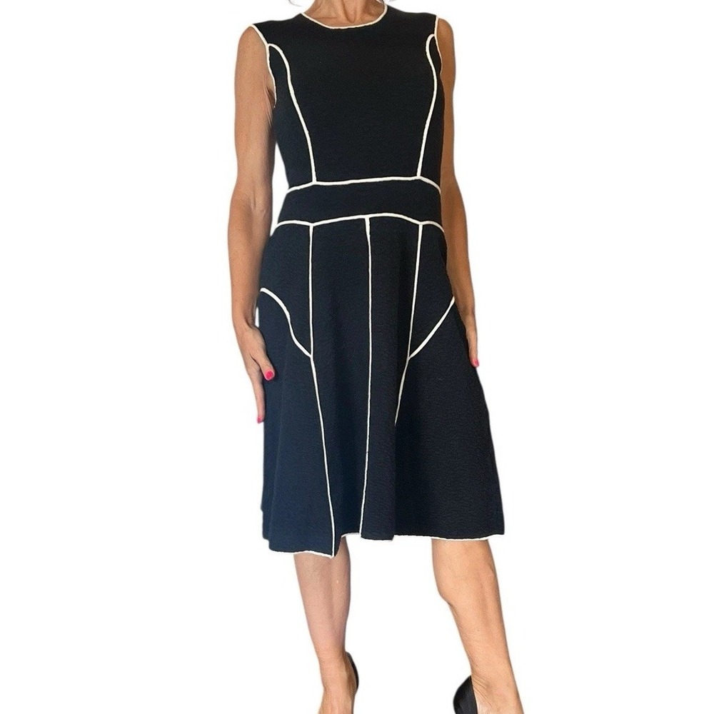 Lela Rose Women's Dress Black Cotton Textured Knit Fit & Flare Sleeveless Medium